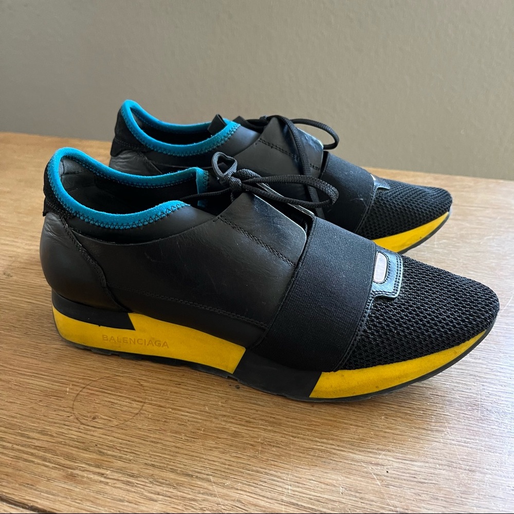 Balanciaga Race Runner  Black/Yellow with blue trim Sneakers SZ 39/8.5